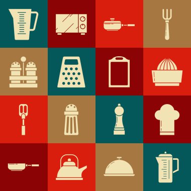 Çaydanlık, Şef şapkası, Citrus meyve sıkacağı, kızartma tavası, rende, tuz ve biber, ölçü kabı ve kesim tahtası ikonu. Vektör