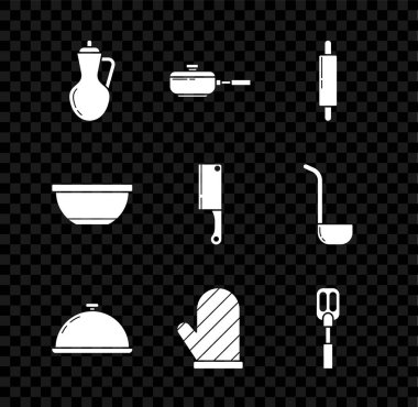 Tepsi yemek tepsisi kaplı zeytinyağı kızartma pimi fırın eldiveni ve et kasesi helikopter ikonu koyun. Vektör.