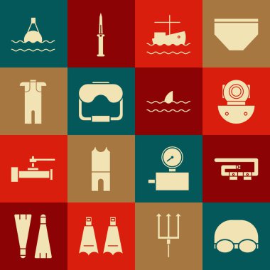 Yüzme, dalış kemeri, Aqualung, su üzerinde balıkçı teknesi, maske, dalış tulumu tüplü dalış, yüzen şamandıra ve yüzen okyanus dalgası ikonu. Vektör