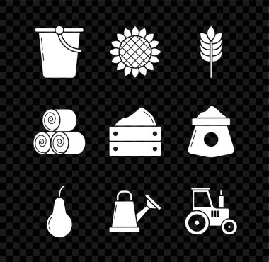Kova, ayçiçeği, pirinç, buğday, mısır, yulaf, çavdar, armut, sulama kutusu, traktör, saman rulosu ve ahşap kutu hasat ikonu. Vektör