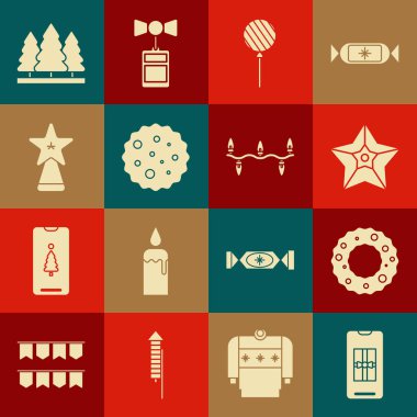 Akıllı telefonu hediye kutusuyla, Noel çelengiyle, yıldızla, lolipopla, kurabiyeyle, çikolatayla, ağaçlarla ve ışık ikonuyla ayarla. Vektör