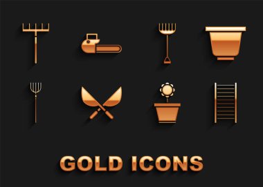 Bahçıvan el yapımı makas, saksı, tahta merdiven, yaba, tırmık ve testere simgesini hazırlayın. Vektör