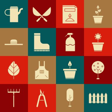 Bahçe çitleri ahşap, ağaç, saksıda çiçek, tohumlarla dolu bir paket özel bitki, su geçirmez lastik bot, işçi şapkası, su kovası ve sprey ikonu. Vektör