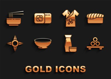 Bir kase sıcak çorba, suşi, geleneksel Japon çay seremonisi, ninja shuriken, kostüm Kimono, Asya erişte kasesi, çubuk ve ikon. Vektör