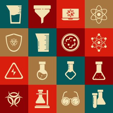 Test tüpü ve matara kimyasalı, atom, bakteri, dizüstü bilgisayar, laboratuvar cam ya da deney tüpü, biyolojik tehlike sembolü kalkanı ve ikonu hazırlayın. Vektör