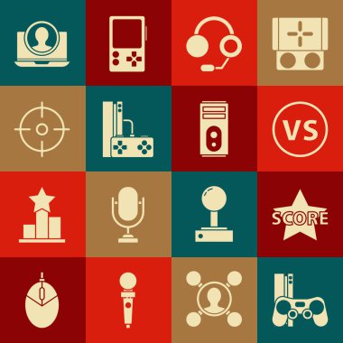 Oyun konsolunu joystick, Star, VS Versus fight, Kulaklıklar, Hedef Spor, Hesap Ekranı ve Bilgisayar simgesi oluşturun. Vektör