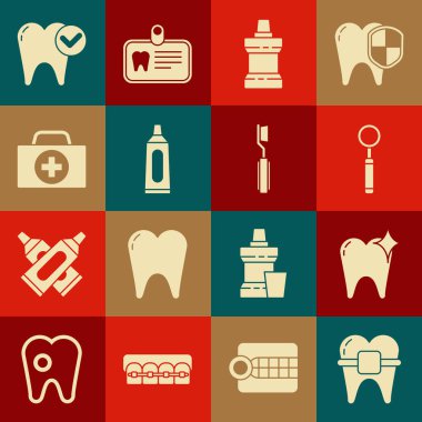 Diş teli, diş beyazlatma konsepti, diş macunu aynası, ağız gargarası plastik şişe, diş macunu tüpü, ilk yardım çantası ve diş fırçası ikonu. Vektör