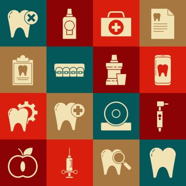 Diş, matkap, çevrimiçi diş bakımı, ilk yardım çantası diş teli, pano kartı, bakliyat ve ağız gargargarası plastik şişe ikonu. Vektör