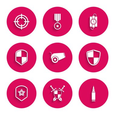 Top, orta çağ kalkanı, çapraz kılıçlar, kurşun, kalkan, polis rozeti, dinamit çubuğu ve zamanlayıcı ve hedef spor ikonu. Vektör