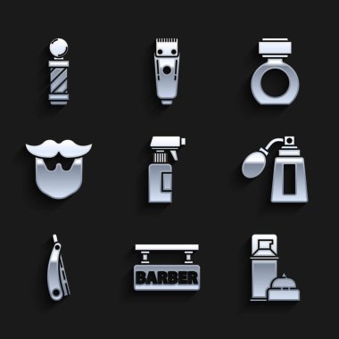 Kuaför tabancası sprey şişesi, berber dükkanı, tıraş köpüğü, tıraş köpüğü, tıraş losyonu, traş makinesi, düz tıraş makinesi, bıyık ve sakal ve klasik direk ikonu. Vektör