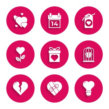 Kalpli hediye kutusu, şekerlemeli şeker, kalp ampulü, kuş kafesi, kırık ya da boşanma, çiçek, etiket ve ikon. Vektör