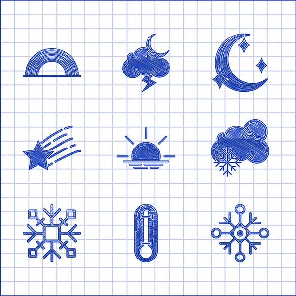 Coucher Lever Thermomètre Flocon Neige Nuage Avec Neige Soleil Étoile — Image vectorielle