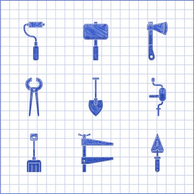 Kürek, klemp aleti, mala, el matkabı, kar küreği, kıskaç, pense, tahta balta ve boya fırçası ikonu. Vektör