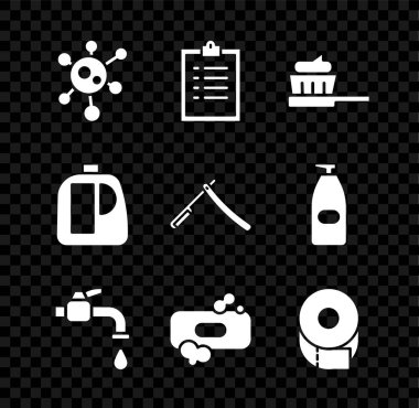 Virüsü ayarla, listeli pano, diş fırçası diş macunu, musluk suyu, sabun, tuvalet kağıdı rulosu, temizlik malzemesi şişeleri ve düz jilet simgesi. Vektör
