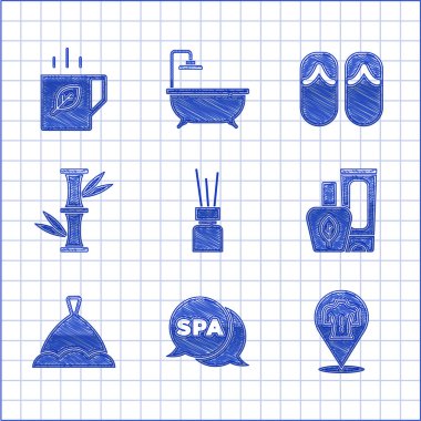 Aroma yayıcı, spa salonu, masaj, krem tüpü, sauna şapkası, bambu, parmak arası terlik, çay ve yaprak ikonu. Vektör