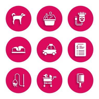 Pet araba taksisi, bebek arabası, köpek ve kedi için saç fırçası, kuaför salonu fiyat listesi, oyuncak, yatak, kırpıcı hayvan ve köpek ikonu. Vektör