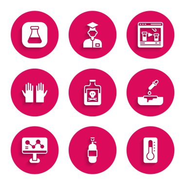 Zehiri şişeye, propan gaz tankına, medikal termometreye, pipetli Petri kabına, kimyasal formüle, plastik eldivenlere, çevrimiçi ve test tüpüne ve şişe ikonuna koyun. Vektör