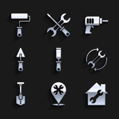 Rasp metal dosyası, ingiliz anahtarlı konum, ev onarımı, kırbaç ve oklar iş akışı, Kürek, Trowel, Elektrikli matkap ve boya fırçası ikonu. Vektör