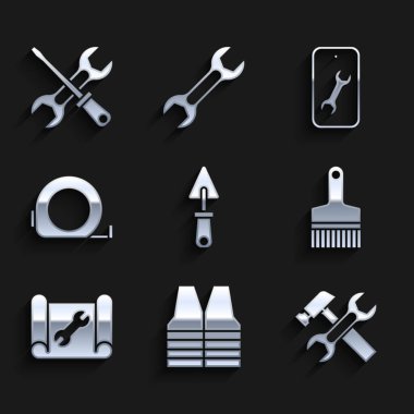 Trowel, güvenlik yeleği, çekiç ve anahtar, boya fırçası, çizim kağıdı, rulet inşaatı, mobil servis ve tornavida ikonu. Vektör