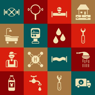 Tesisat arabasını, duşu, İngiliz anahtarını, endüstriyel boru ve manometreyi, basınç suyunu, küveti, vanayı ve su boşaltma ikonunu ayarlayın. Vektör