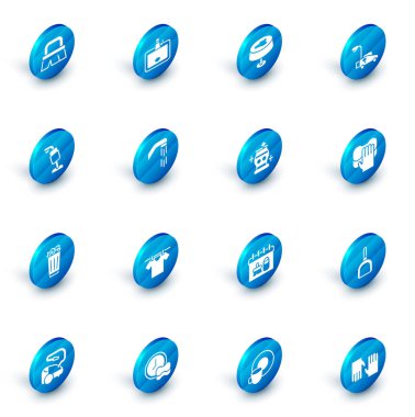 Çamaşır lekesini, masa örtüsünü, çim biçme makinesini, elektrikli süpürgeyi, çöp tenekesini, duş başlığını, temizlik hizmetini ve vazo ikonunu ayarla. Vektör