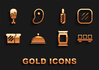 Tepsiyle kaplanmış, biftek eti, kesme tahtasında suşi, patates cipsi, kızarmış ekmek, sosisli sandviç, tavuk budu ve ikon. Vektör