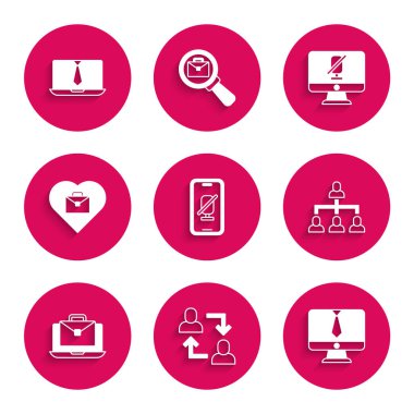 Dilsiz mikrofonu cep telefonuna, Proje ekibi üssüne, Video sohbet konferansına, Hiyerarşi organizogram şemasına, çevrimiçi çalışmaya, metin, bilgisayar ve simgeye sahip kalbe ayarlayın. Vektör