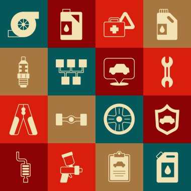 Motor yağı için teneke kutu, kalkanlı araba, anahtarlık, ilk yardım çantası ve uyarı üçgeni, vites kolu, buji, otomotiv turbo şarj aleti ve servis ikonu. Vektör