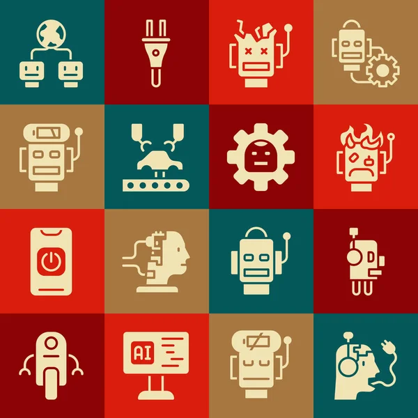 Robot Töltő Akkumulátor Beállítása Kiégett Törött Robot Robot Kar Gyárban — Stock Vector