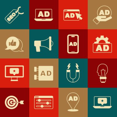 Dizüstü bilgisayarı yıldız, ampul fikri, reklamcılık, megafon, müşteri ürün değerlendirmesi, SEO optimizasyon ve simge ile ayarla. Vektör