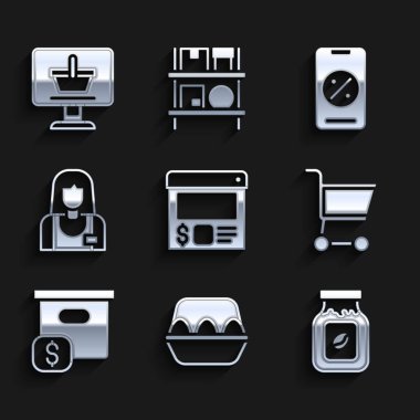 Çevrimiçi sipariş ve teslimat, tavuk yumurtası, kahve kavanozu, alışveriş arabası, fiyatlı karton karton, indirimli cep telefonu ve bilgisayar ikonu. Vektör