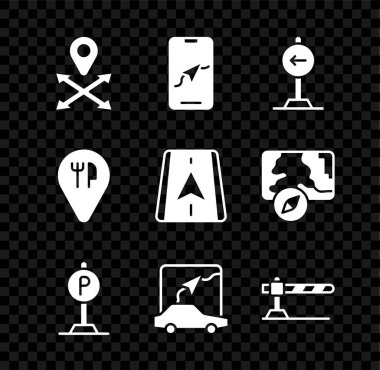 Konum belirle, şehir haritası navigasyonu, trafik işareti sola dön, park yeri, araç engeli, kafe ve restoran konumu ve ikon. Vektör