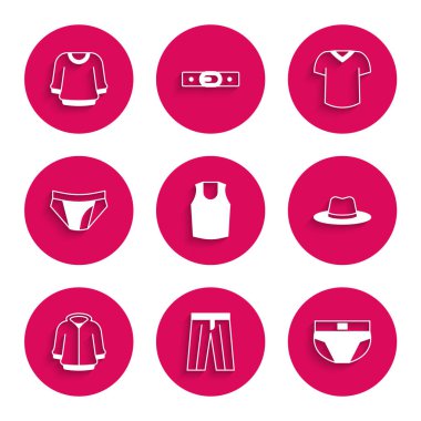 Undershirt 'ü, pantolonu, erkek iç çamaşırını, erkek şapkasını, kapüşonluyu, tişörtü ve kazak ikonunu hazırla. Vektör