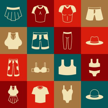 Set Man şapkası, mayo, tişört, kısa pantolon, atlet, etek ve tayt ikonu. Vektör