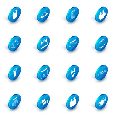 Set Man şapkası, tayt, atlet, süveter, kravat, kısa pantolon, kapüşon ve etek ikonu. Vektör