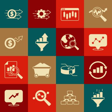 Satış hunisini grafiği, grafiksel bilgisi, Browser borsası, Finansal büyüme doları ve Arama dünyası ikonu ile ayarla. Vektör