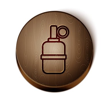 Kahverengi çizgili el bombası ikonu beyaz arka planda izole edildi. Bomba patlaması. Tahta daire düğmesi. Vektör.