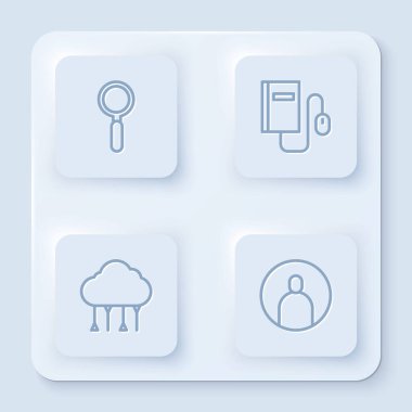 Satır büyüteç, fareli Elektronik kitap, Ağ Bulutu bağlantısı ve hesap ekranı oluştur. Beyaz kare düğme. Vektör.