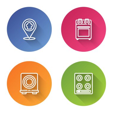 Şef şapkasını konumu, ocağı, elektrikli ocağı ve benzini olan ayarla. Renkli daire düğmesi. Vektör.