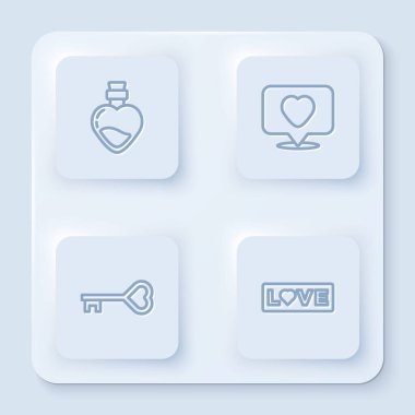 Aşk iksiri ve kalp içeren bir çizgi, şekil ve aşk metni olan bir anahtar. Beyaz kare düğme. Vektör