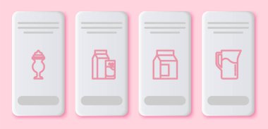 Milkshake, kefir için kağıt paketi, süt ve sürahi sürahisi. Beyaz dikdörtgen düğme. Vektör