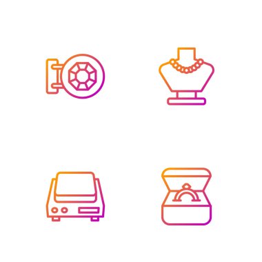 Kutuda elmas nişan yüzüğü, elektronik mücevher pulları, mücevher mağazası ve kolye mankeni. Renk simgeleri. Vektör