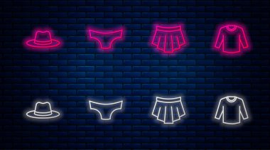 Çizgili erkek iç çamaşırı, etek, erkek şapkası ve süveter. Tuğla duvarda parlayan neon simgesi. Vektör