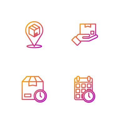 Karton kutuyu takvim, saat, konum kartonu ve teslimat eliyle ayarla. Renk simgeleri. Vektör