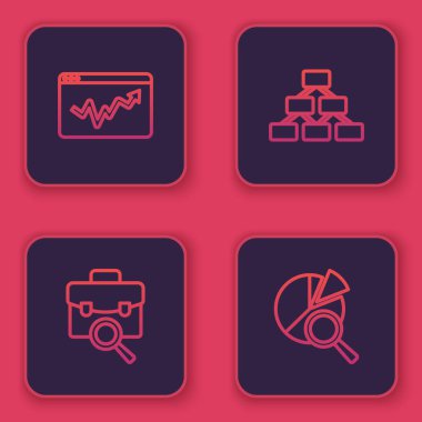 Çizgi grafiği bilgisini, iş aramasını, hiyerarşi organogramını ve arama veri analizini ayarla. Mavi kare düğme. Vektör