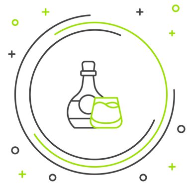 Çizgi viski şişesi ve cam ikon beyaz arka planda izole edilmiş. Renkli taslak konsepti. Vektör