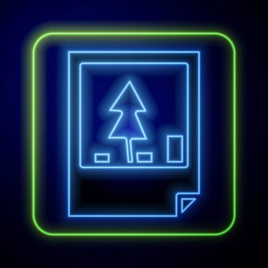 Parlayan neon renkli Noel kartı ikonu mavi arka planda izole edilmiş. Mutlu Noeller ve mutlu yıllar. Vektör