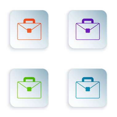 Beyaz arkaplanda izole edilmiş renkli evrak çantası simgesi. İş ilanı. İş portföyü. Kare düğmelere renkli simgeleri yerleştir. Vektör