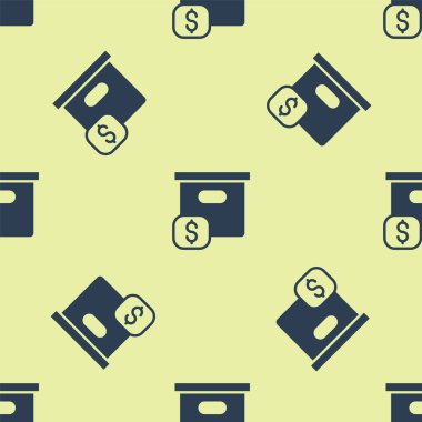 Üzerinde fiyat etiketi simgesi olan mavi karton kutu sarı arka planda izole edilmiş kusursuz desen. Kutu, paket, paket işareti. Teslimat ve ambalaj. Vektör