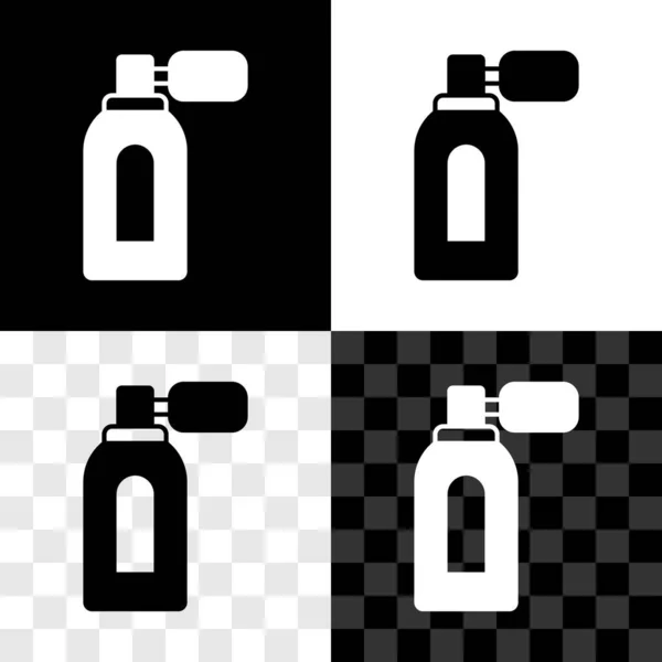 Set Aftershave üveg porlasztó ikon elszigetelt fekete-fehér, átlátszó háttér. Köln spray ikon. Férfi parfümös üveg. Vektor — Stock Vector